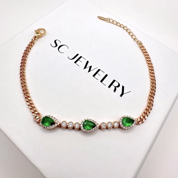 Drop Bracelet 18k Gold Plated w/ Green CZ Stone | Luxury Jewelry - Picture 5 of 10